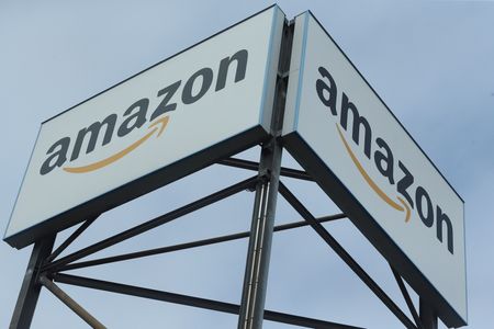 An Amazon logo is pictured at a logistics centre in