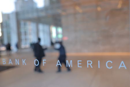 Signage is seen at the Bank of America Tower in